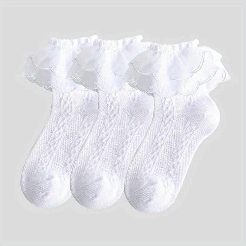 3 Pairs Girls Kids Lace Ruffled Princess Socks Breathable Comfy Children's Socks