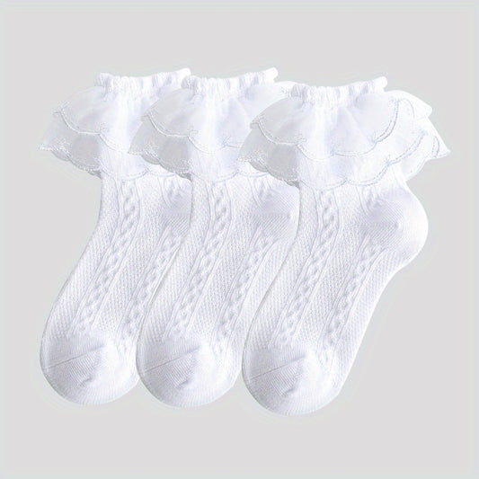 3 Pairs Girls Kids Lace Ruffled Princess Socks Breathable Comfy Children's Socks