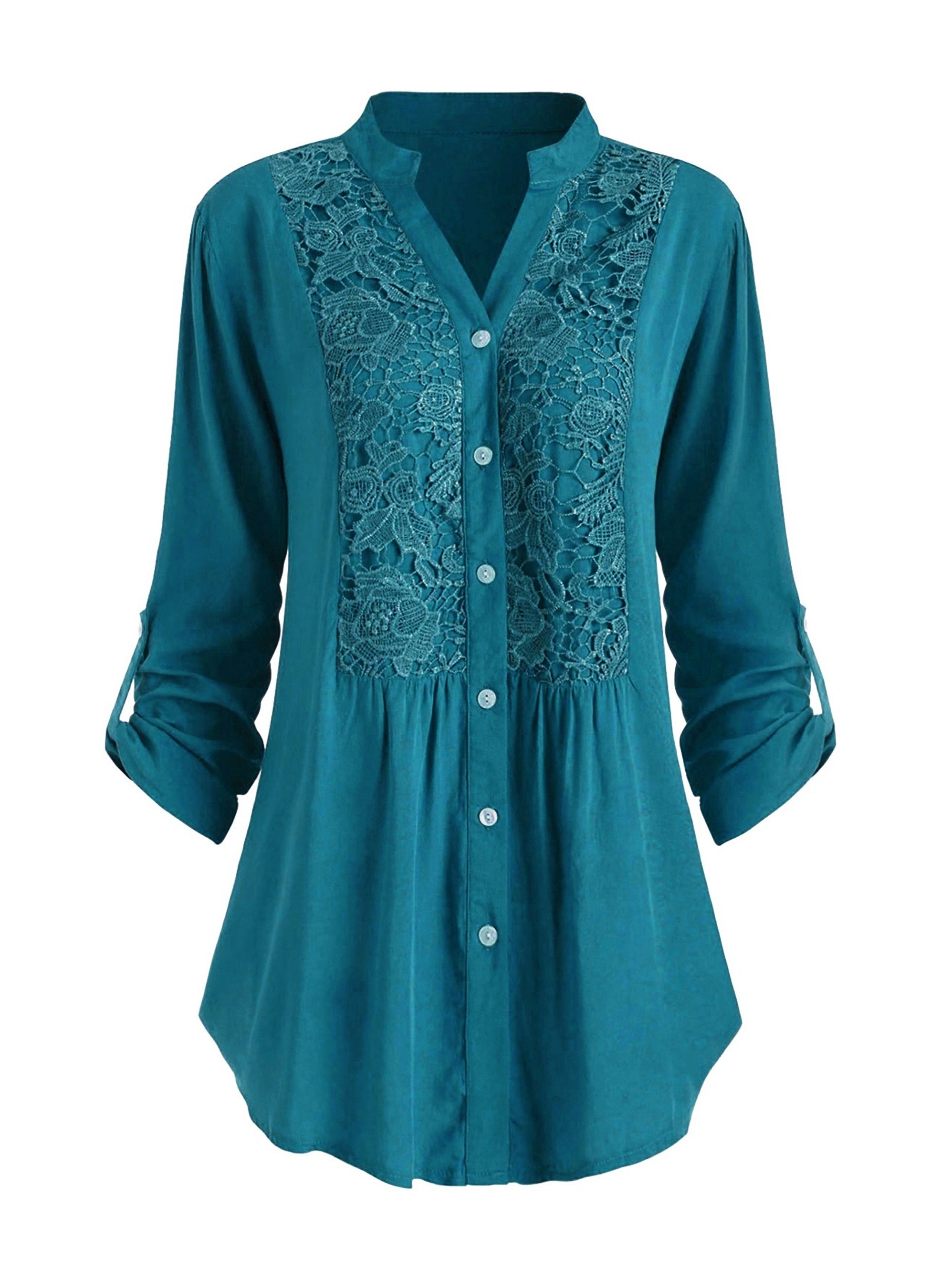 Solid Button Up Lace Panel Blouse