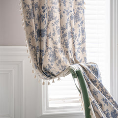 American Flower Cotton and Linen Curtain with Beige Fringed