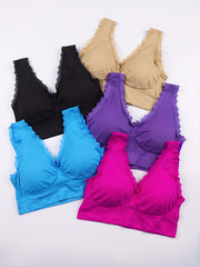 5pcs Lace Trim Sports Bras Comfy & Breathable Wireless Bra