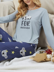 Koala Print Lounge Set Long Sleeve Top & Pants Women's Loungewear