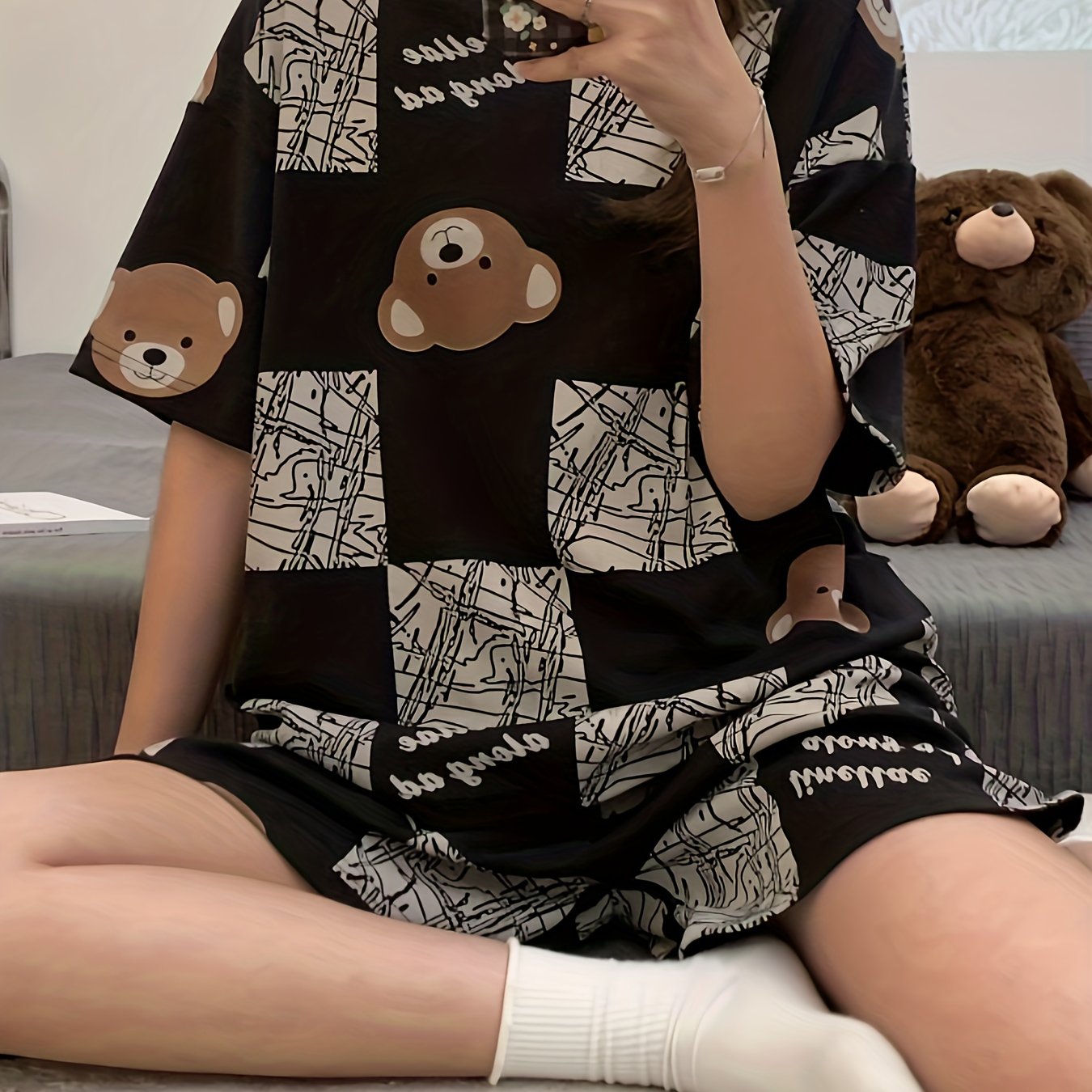 Bear Print Plaid Pajama Set Short Sleeve Top & Shorts