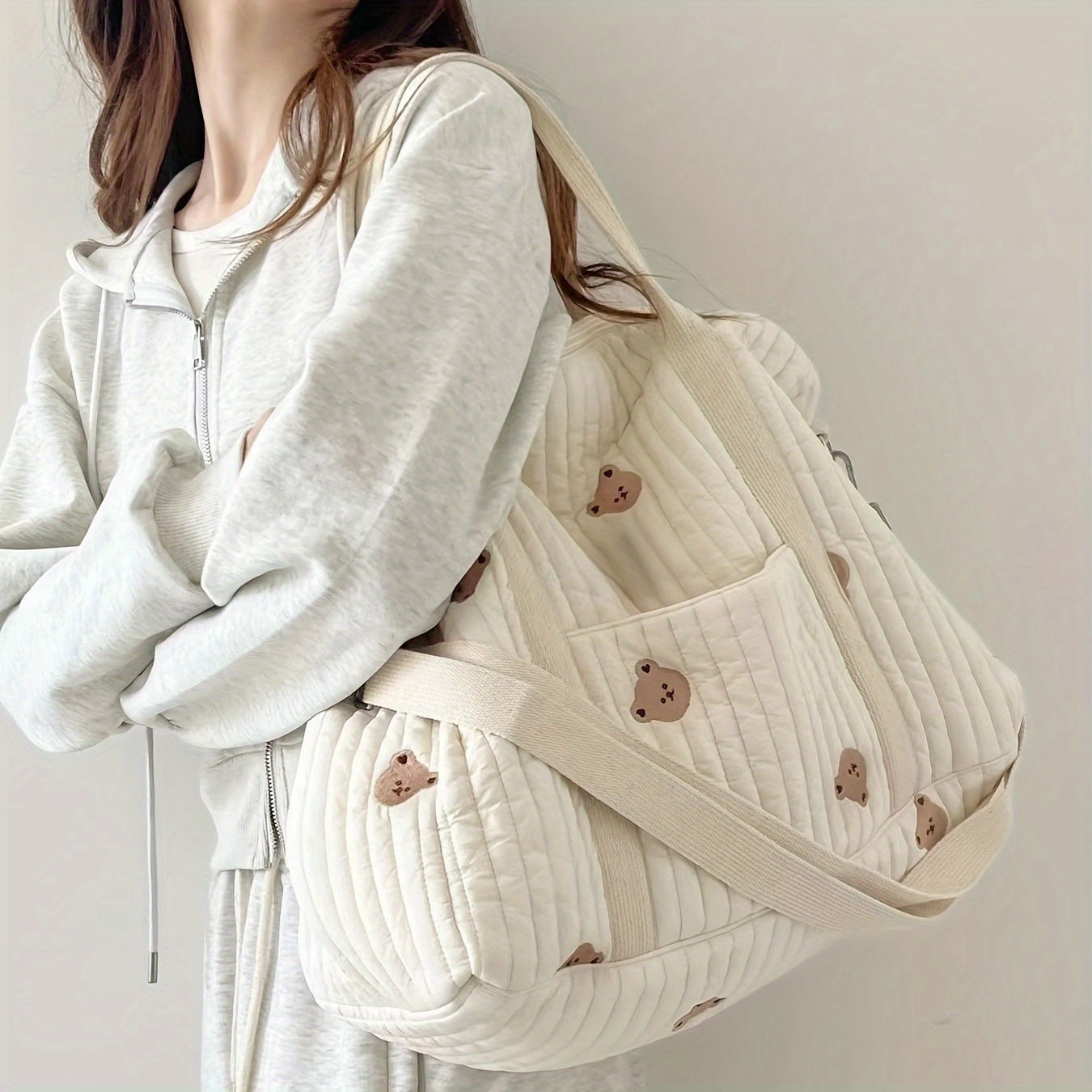 Quilted Parent Bag with Bear Embroidery Durable Polyester Lightweight Duffel