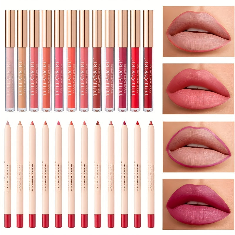 12 Colors Matte Lip Liner And Lipstick Makeup Set Liquid Lipstick 24H