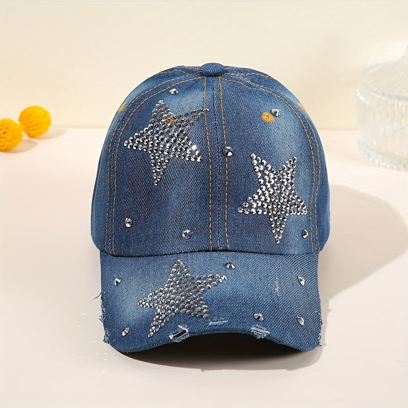 Distressed Denim Baseball Cap with Pentagram Rhinestone