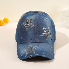 Distressed Denim Baseball Cap with Pentagram Rhinestone