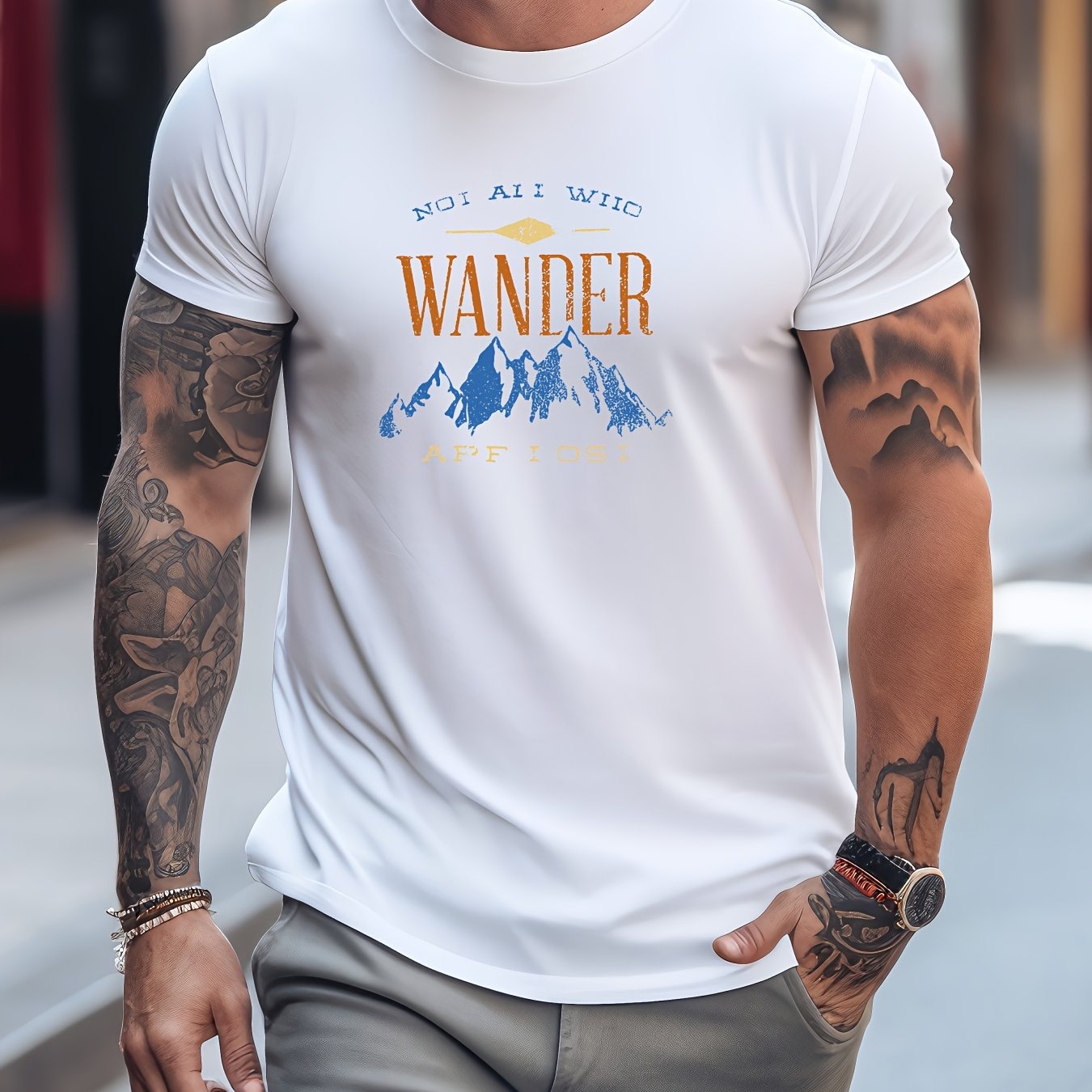 Retro Mountain Motorcycle Print Men's Graphic Crew Neck Tee