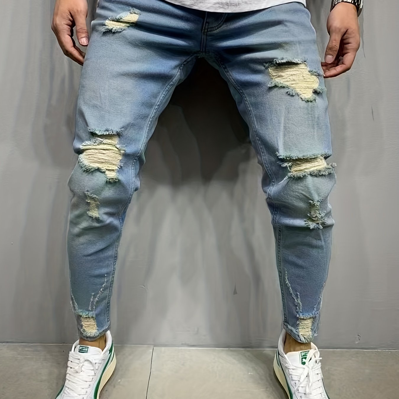 Slim Fit Ripped Cotton Jeans Men's Casual Street Style Distressed Denim Pants