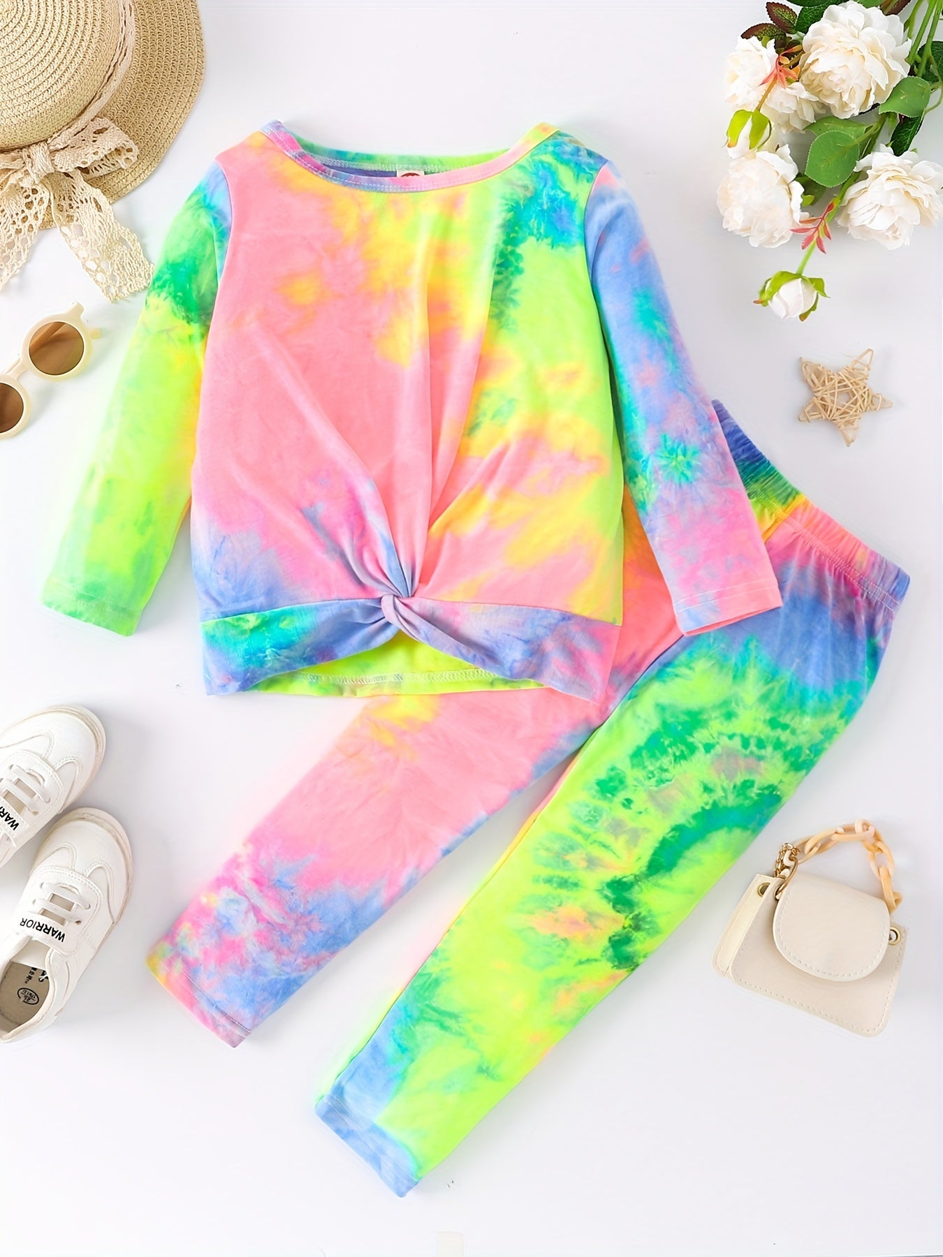 Girl's Rainbow Tie Dye 2pcs Sweatshirt & Pants Set for Spring Fall