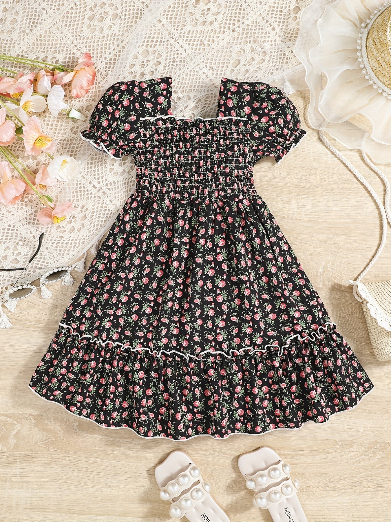 Kid Girls Floral Summer Dress Square Neck A line Princess Dress