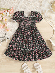 Kid Girls Floral Summer Dress Square Neck A line Princess Dress