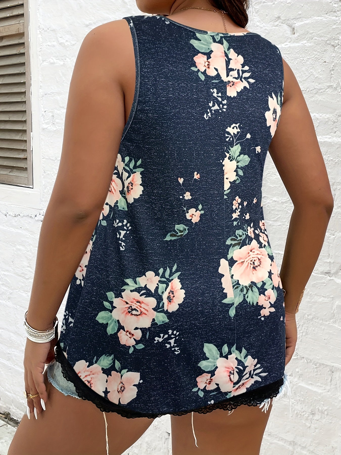 Floral Print V-Neck Lace Trim Tank Top