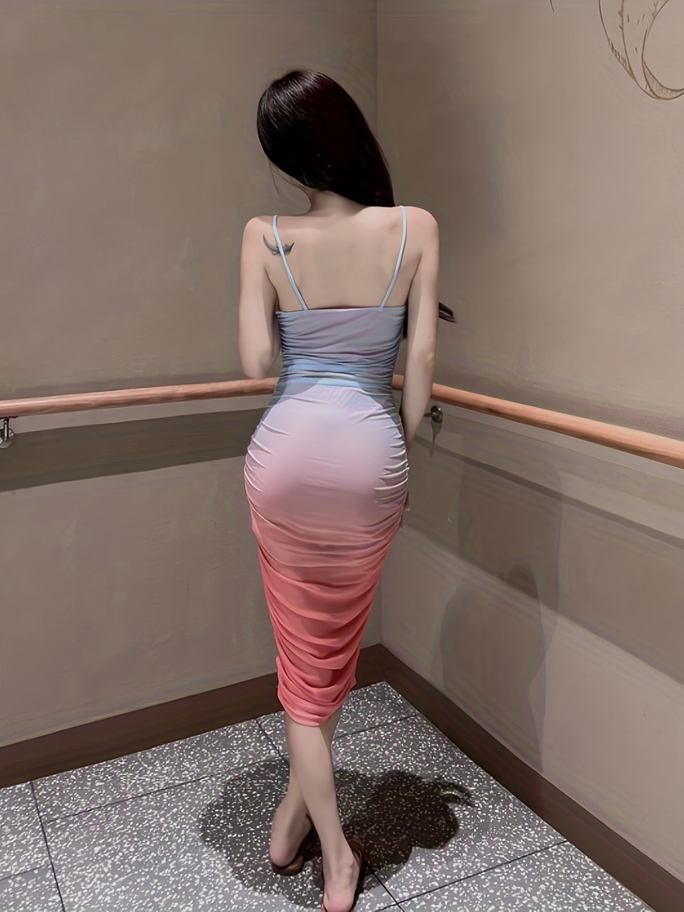 Gradient Ruched Mesh Dress Sexy Bodycon Party Dress Women's Clothing