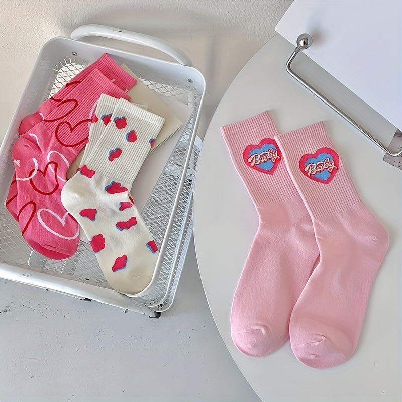 3 Pairs Heart Print Socks Women's Stockings & Hosiery