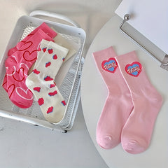 3 Pairs Heart Print Socks Women's Stockings & Hosiery