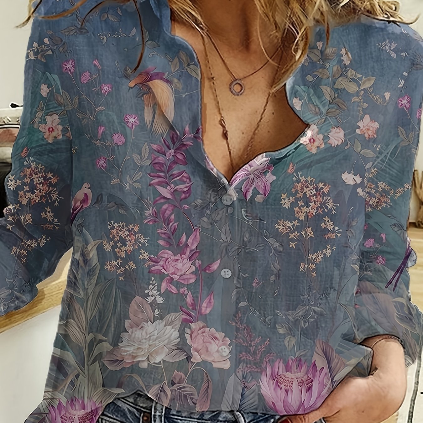 Floral Print Button Up Long Sleeve Blouse