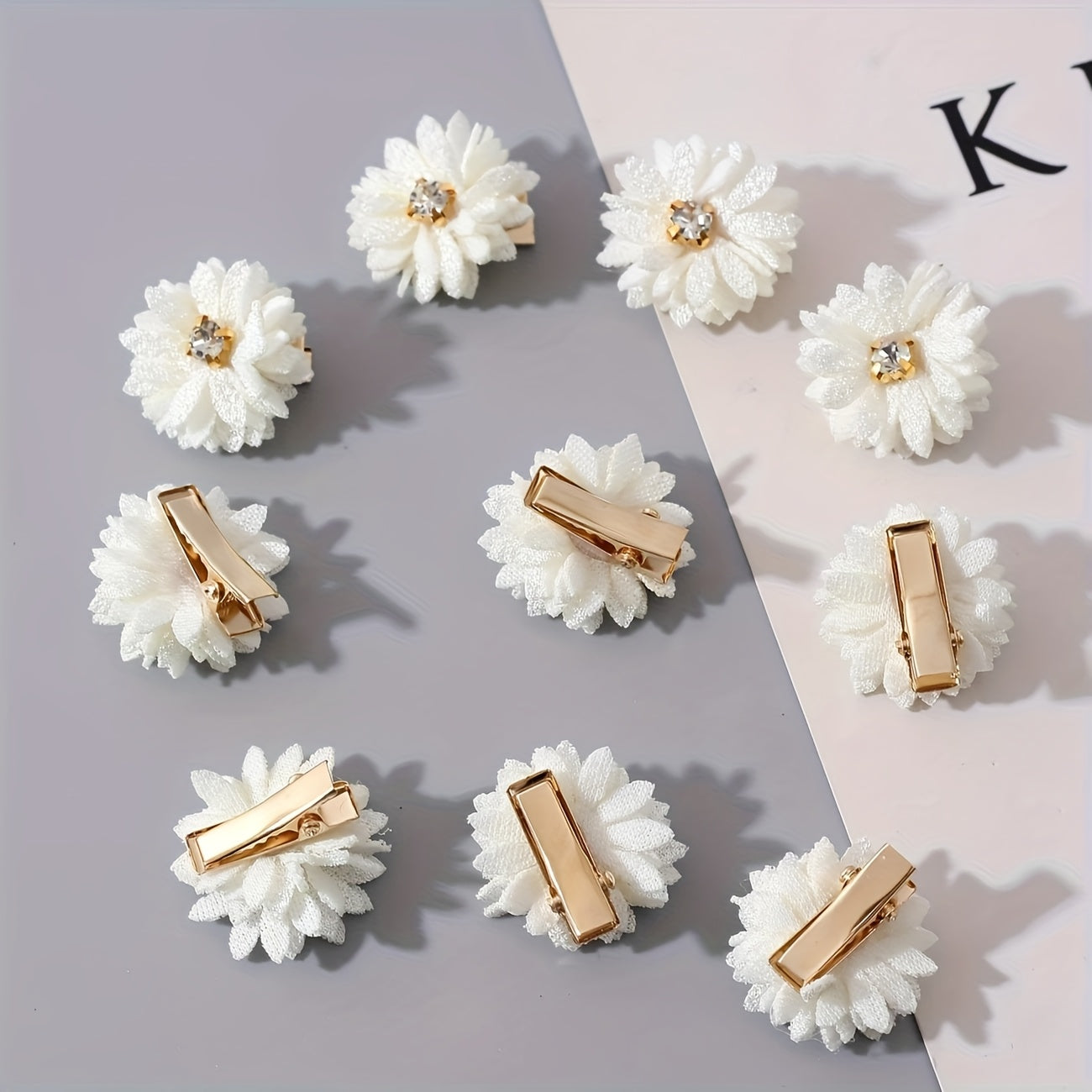 10pcs Chinese Bridal Fabric Flower Hair Clip Set with Rhinestone Center