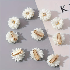 10pcs Chinese Bridal Fabric Flower Hair Clip Set with Rhinestone Center