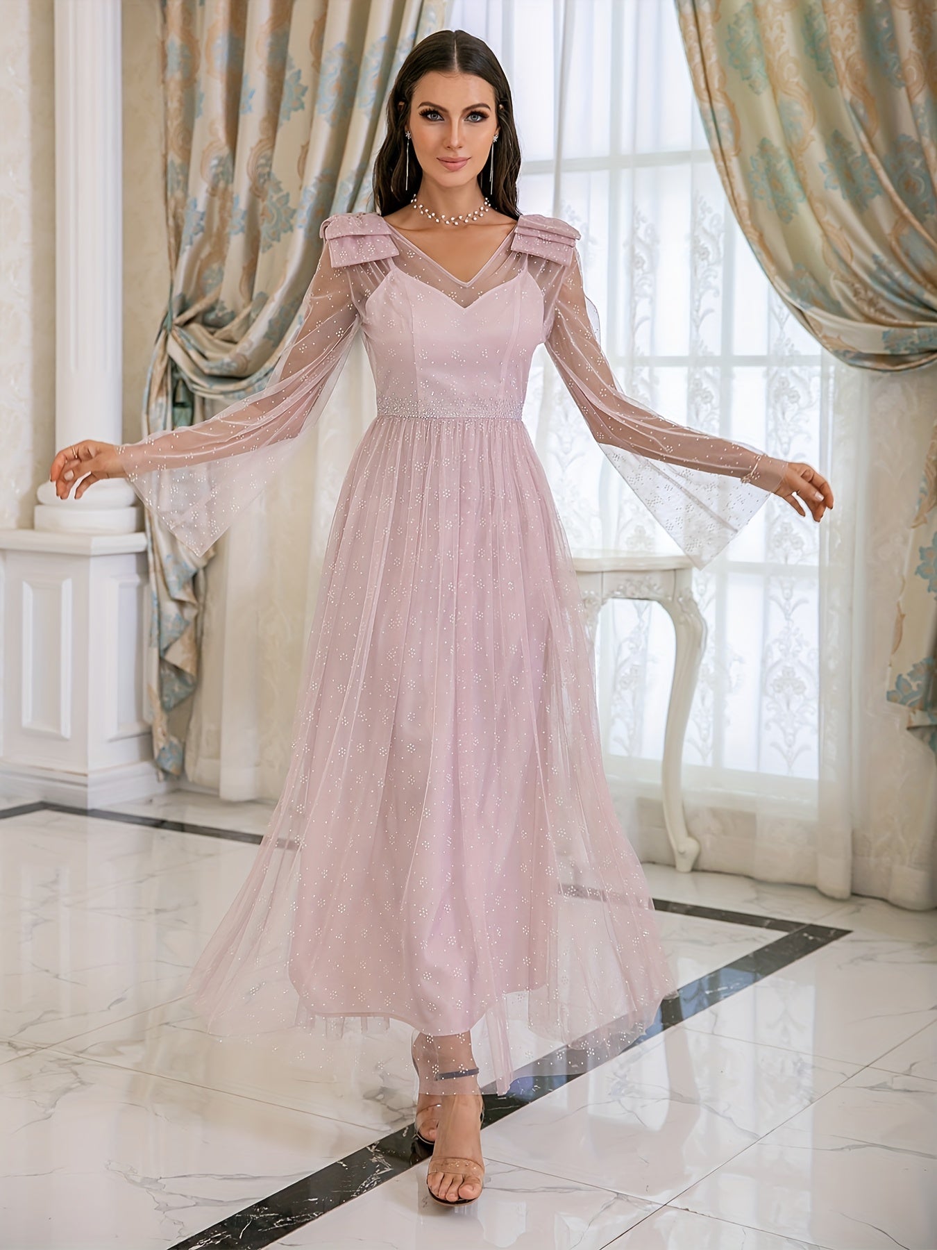 Flare Sleeve V Neck Bridesmaid Dress for Wedding Party