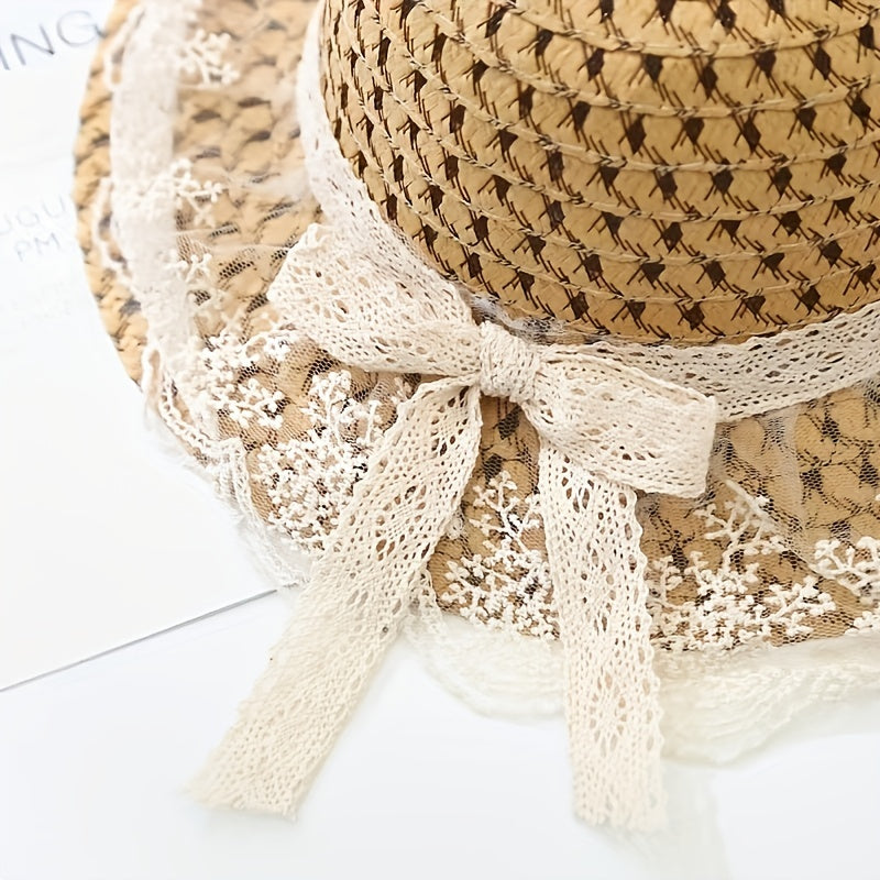 Women's Sunshade Straw Hat with Lace Bow Decor