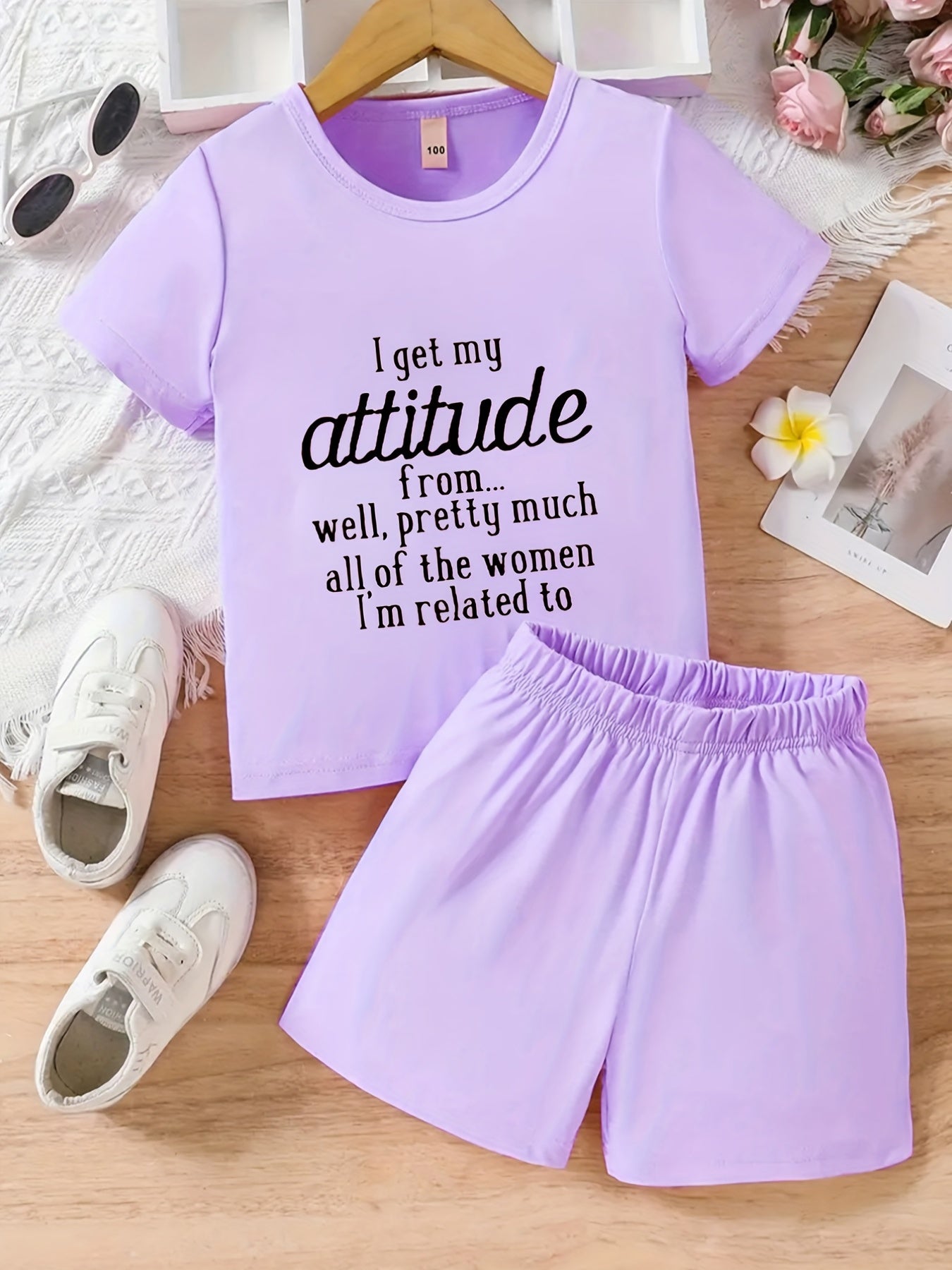 2pcs Girls Attitude Letter T Shirt & Shorts Set Kids Summer Clothes
