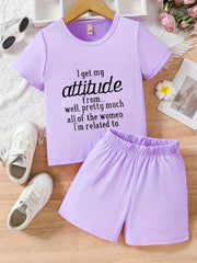 2pcs Girls Attitude Letter T Shirt & Shorts Set Kids Summer Clothes
