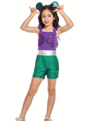 Toddler Girls Ruffle Trim Sequin Bow Block Rompers Jumpsuits Cosplay Costume