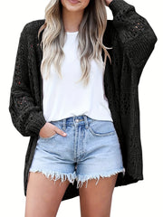 Solid Crochet Knit Long Sleeve Open Front Cardigan