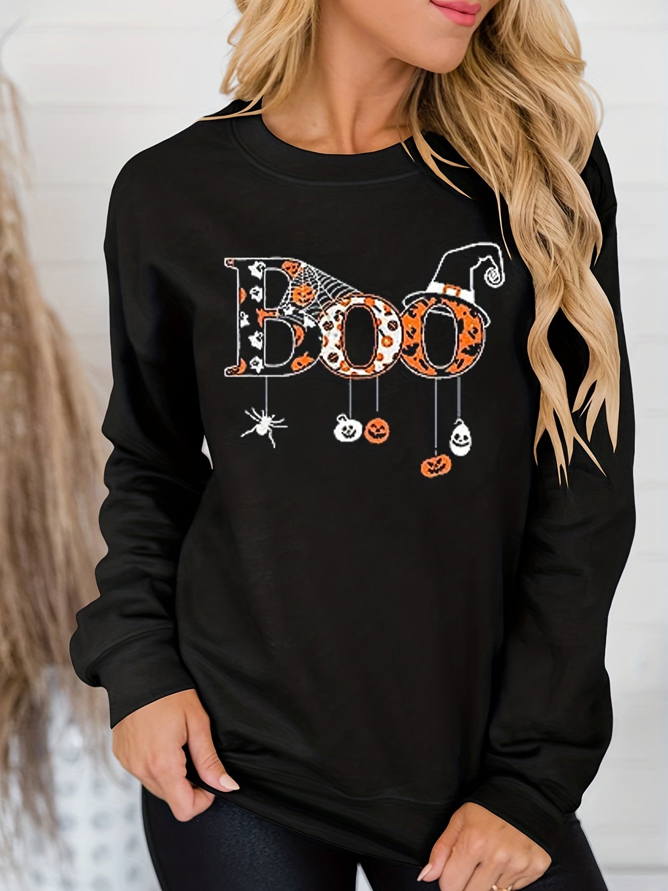 Halloween Print Sweatshirt Crew Neck Casual Long Sleeve Women's Clothing