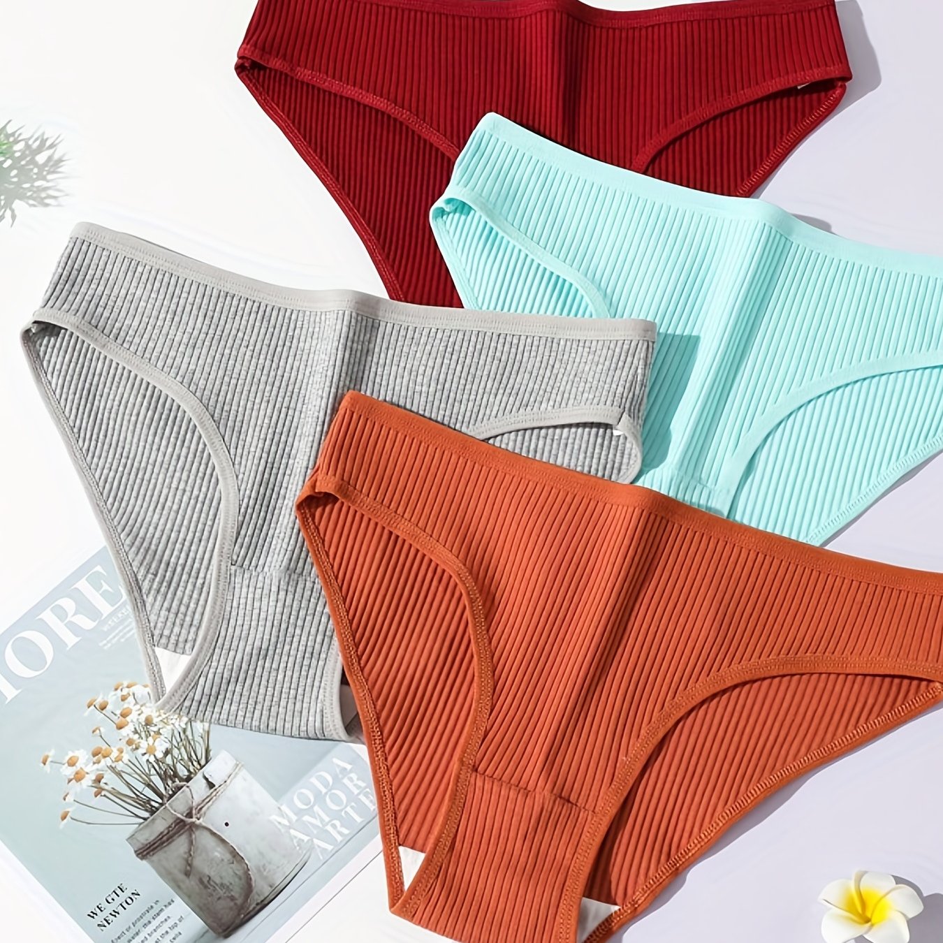 4pcs Solid Ribbed Briefs Comfy & Breathable Panties Women's Lingerie