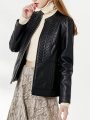 Faux Leather Zipper Coat Woven Pattern Slim Outerwear