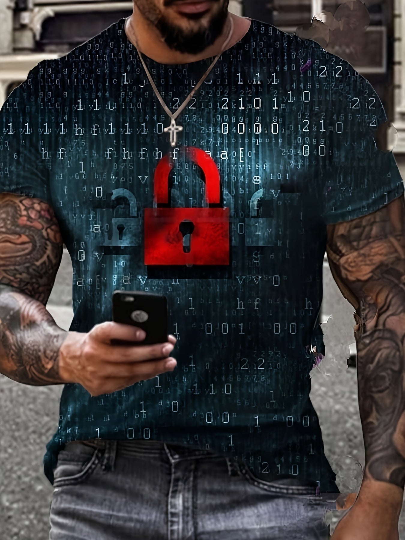 LOCK Pattern Print Men's Short Sleeve Comfy T-shirt Graphic Tee