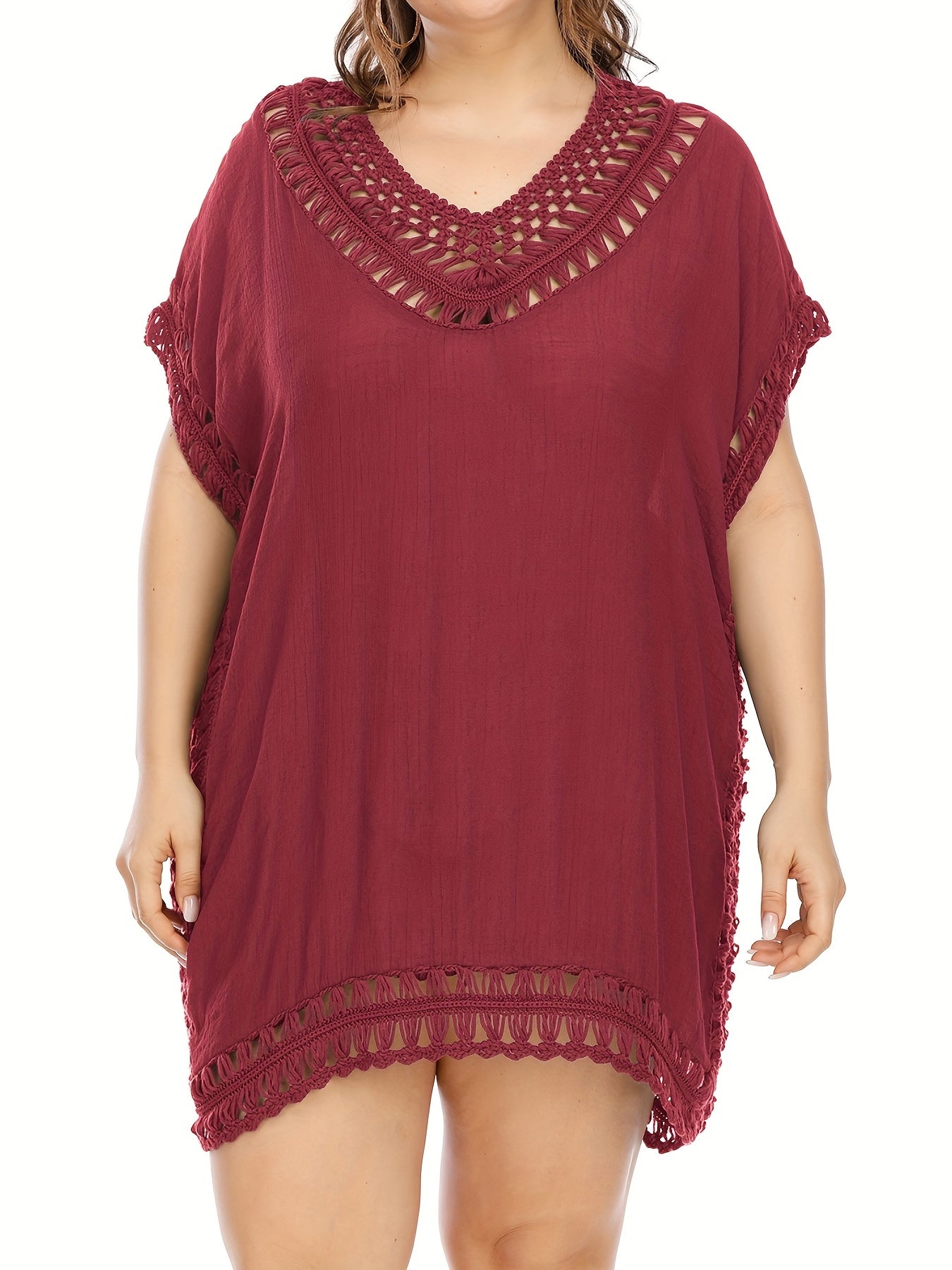 Solid Hollow Out Cover Ups Women's Plus Sexy Round Neck