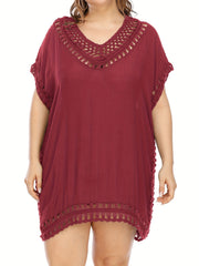 Solid Hollow Out Cover Ups Women's Plus Sexy Round Neck