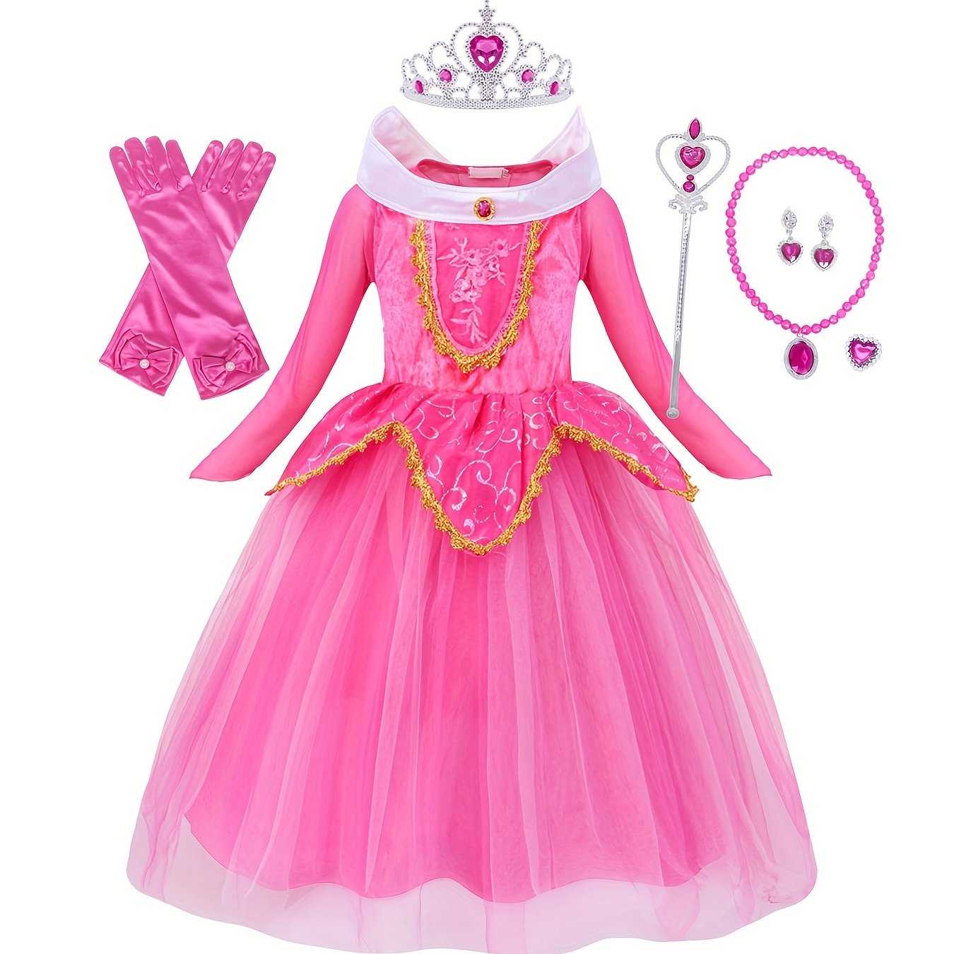 Girl's Princess Dress with Accessories Sets Sequin Decor Long Sleeve Mesh Dress