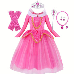 Girl's Princess Dress with Accessories Sets Sequin Decor Long Sleeve Mesh Dress