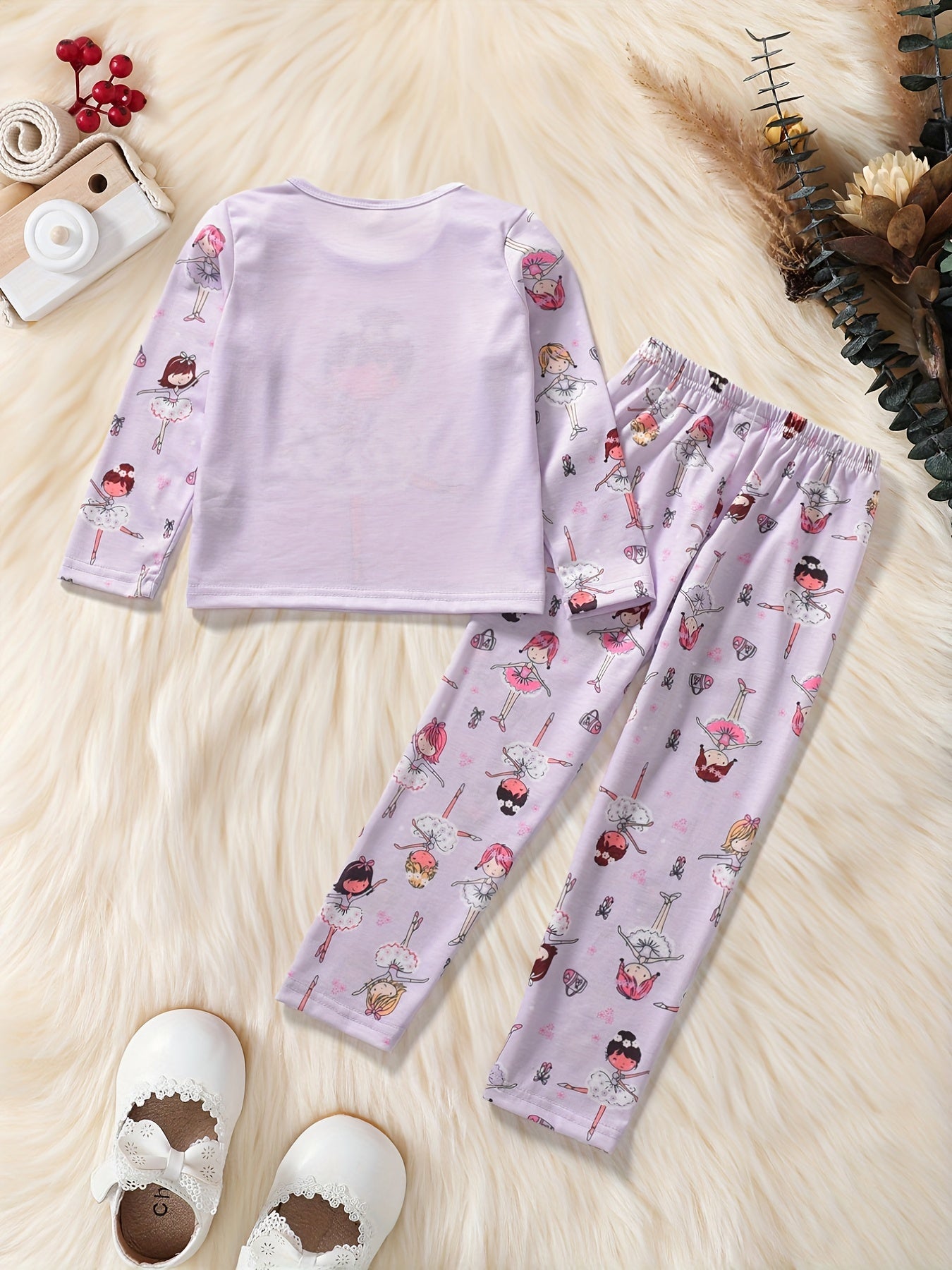 Girl's 2pcs Pajamas Long Sleeve Top & Pants Set Cartoon Ballet Print