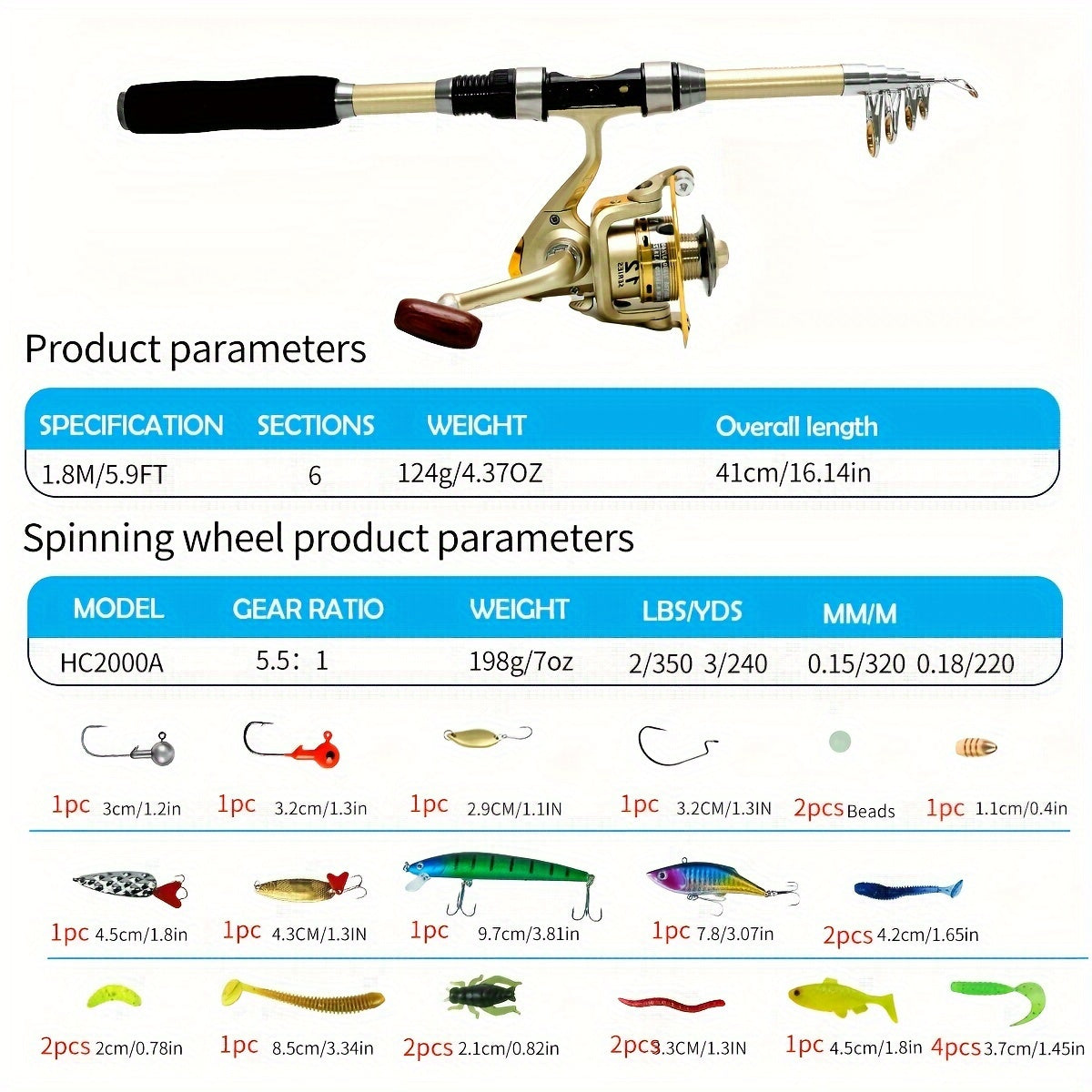8M Golden Fishing Rod And Spinning Reel Set with Storage Bag
