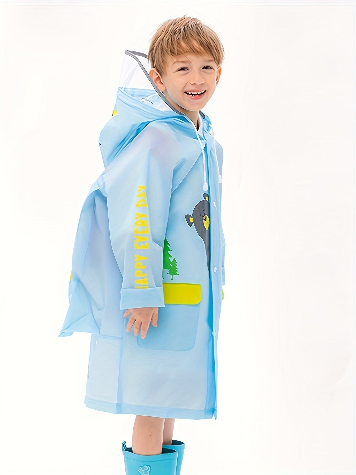 Kid's Hooded Raincoat Button Down Rain Poncho Jacket Animal Pattern Rainsuit
