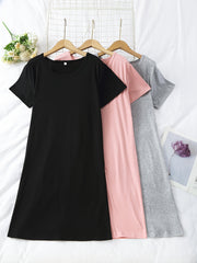 3pcs Solid NightDress Short Sleeve Crew Neck Pajama Dress