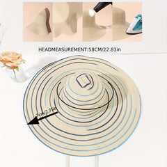 Striped Lace Sun Hat Wide Brim Hollow Straw UV Protection Travel Beach Hat