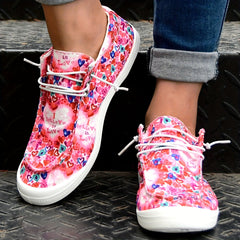 Pink Heart Letter Print Women's Canvas Shoes Flat Comfortable Lightweight