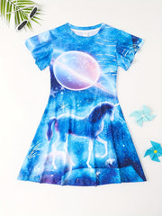 3D Unicorn Graphic Short Sleeve Dress for Girls Summer Gift Party