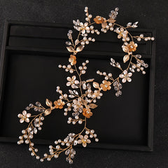 Long Flower Bridal Headbands Golden Silver Faux Pearl Crystal Hair Vines