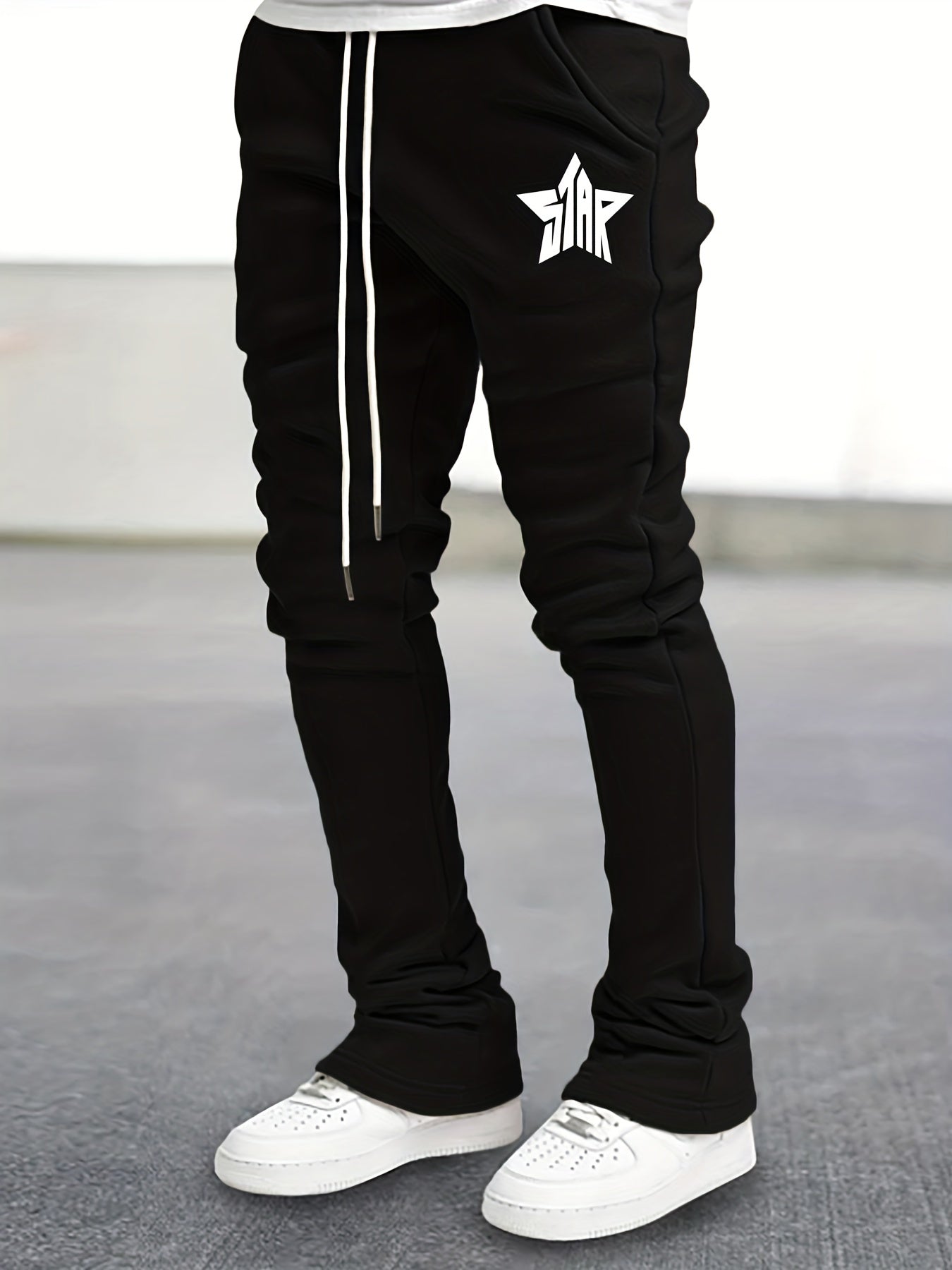 Star Pattern Comfy Flared Trousers Men's Casual Stretch Waist Drawstring Joggers