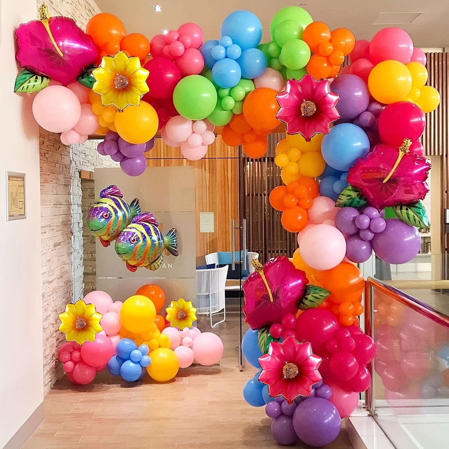 146pcs Tropical Hawaiian Balloon Garland Arch Kit Pink Orange Rainbow Balloons