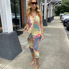 Tie Dye Spaghetti Jumpsuit Casual Sleeveless Summer Jumpsuit With Pocket