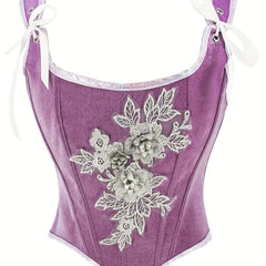 Floral Applique Shaping Tank Top Lace Up Tummy Control Slimmer Top