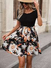 Floral Print Belted Dress Short Sleeve - Vacation Dress